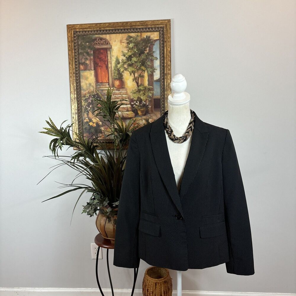 Le Suit Women Long Sleeve Lined Lapel Col Notch‎ Blazer Black & White Striped 14